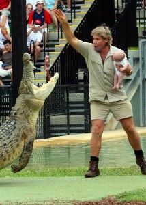 Steve Irwin Holding baby Bob near crocodiles back in 2004