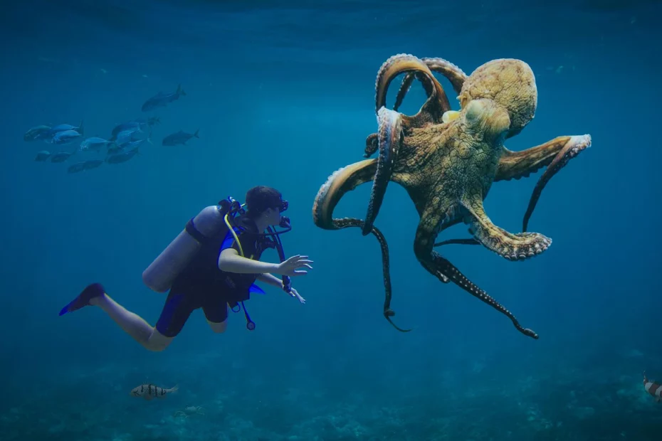 cercetător care înoată alături de o caracatiță; sursă foto animalepierdute.ro