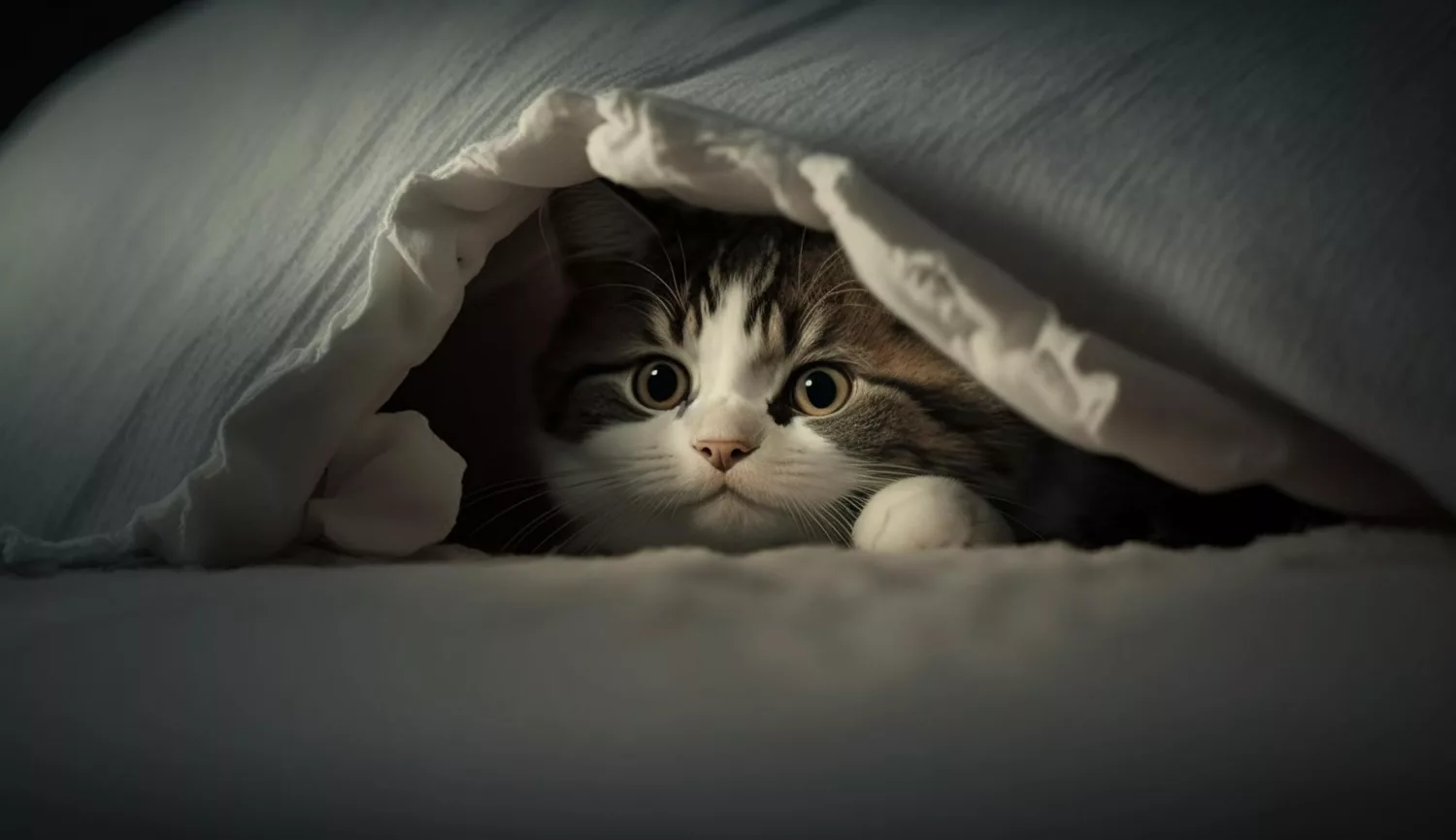 O pisică cu ochii verzi sub pătură